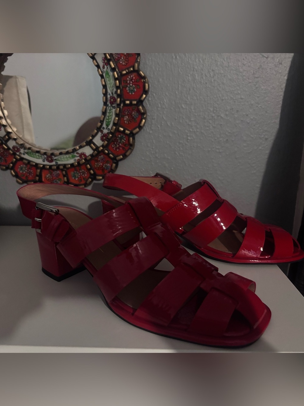 INTENTIONALLY BLANK Red Patent Strappy Block Heel Sandals